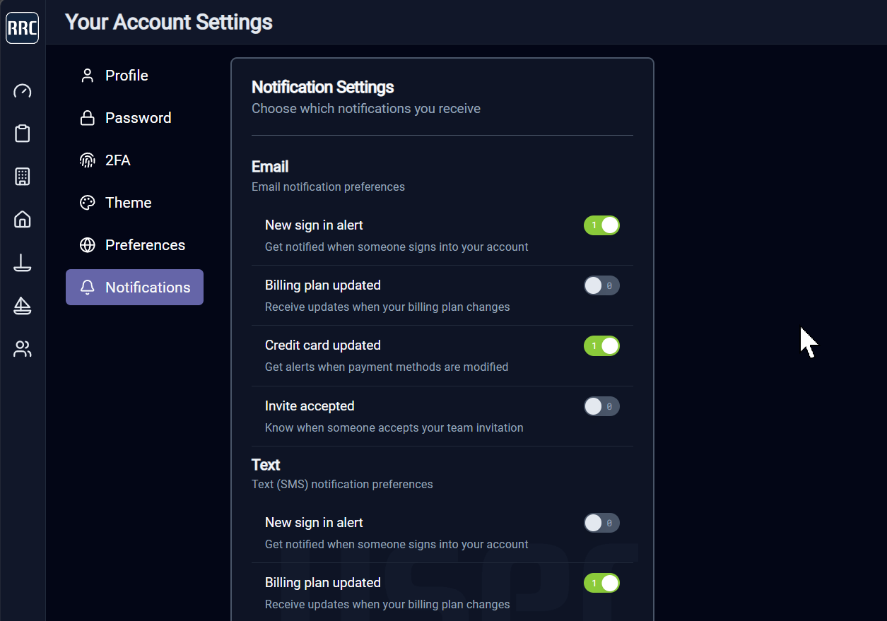 Screenshot of User Settings Notifications controls